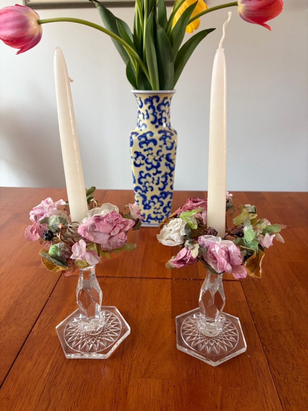 Crystal Candlestick Holders with Pink Floral Wreath Accents
